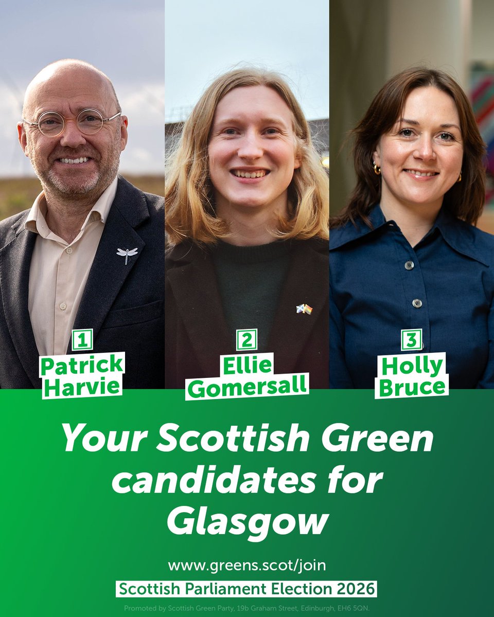 Scottish Greens (@scottishgreens) on Twitter photo πIn Glasgow your Green candidates are <a href="/patrickharvie/">Patrick Harvie πͺπΊπ</a>, <a href="/elliebgomersall/">Ellie Gomersall π isn't here anymore</a> and <a href="/cllrhollybruce/">Cllr Holly Bruce</a>!
β‘οΈAt last year's Westminster election, Greens saw record results in Glasgow, help us build on this success: members.greens.scot/donate/2026-glβ¦ πIn Glasgow your Green candidates are <a href="/patrickharvie/">Patrick Harvie πͺπΊπ</a>, <a href="/elliebgomersall/">Ellie Gomersall π isn't here anymore</a> and <a href="/cllrhollybruce/">Cllr Holly Bruce</a>!
β‘οΈAt last year's Westminster election, Greens saw record results in Glasgow, help us build on this success: members.greens.scot/donate/2026-glβ¦