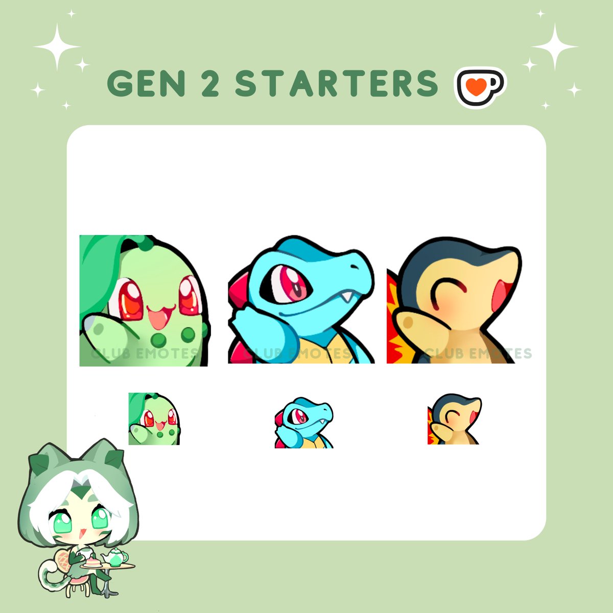 Im_Raechu's tweet image. Gen 2 starters for this months ko-fi rewards we are up to 9 emotes for this month!