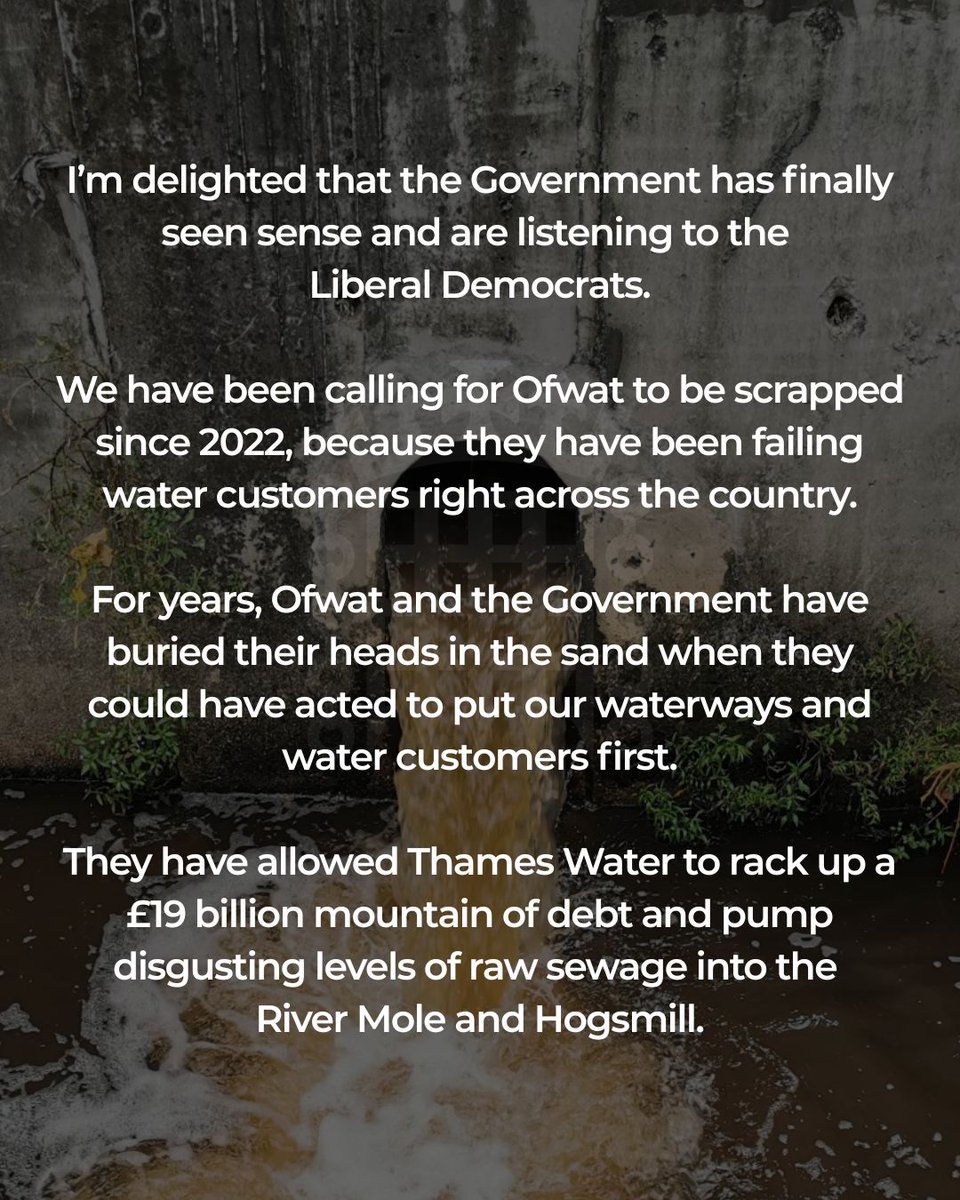 helenmaguiremp's tweet image. At last, the Government is finally seeing sense and listening to the @LibDems on this national sewage scandal!
We've been calling for @Ofwat to be scrapped since 2022, because they've failed water customers across #Surrey and beyond for years.
My full statement 👇