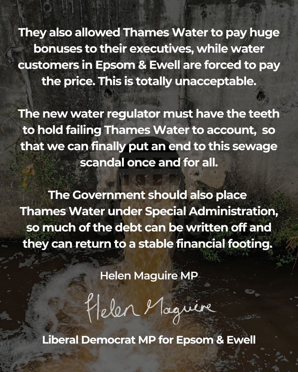 helenmaguiremp's tweet image. At last, the Government is finally seeing sense and listening to the @LibDems on this national sewage scandal!
We've been calling for @Ofwat to be scrapped since 2022, because they've failed water customers across #Surrey and beyond for years.
My full statement 👇