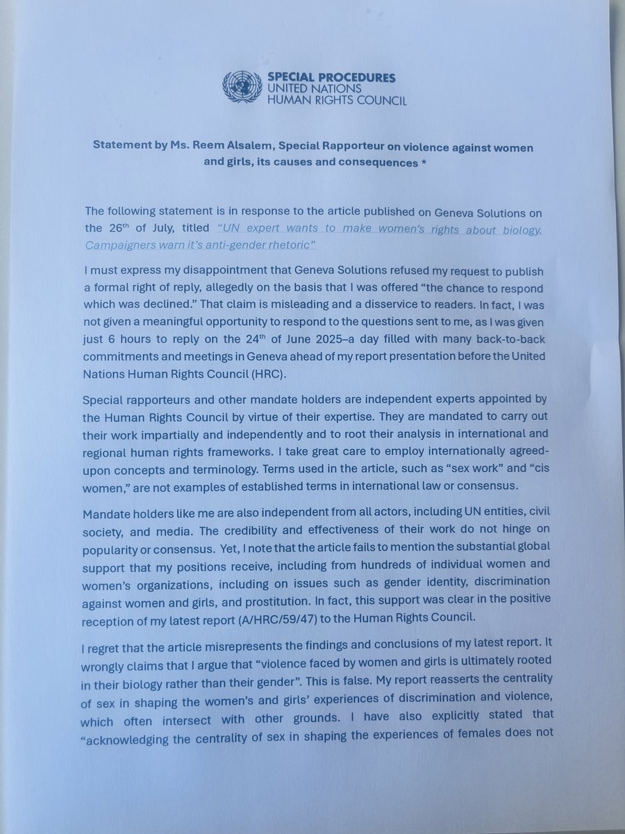 UNSRVAW's tweet image. Attached is the statement I have sent @GenevaSolutions
today on their article and its refusal to grant me a right of reply.
Unfortunately, the office of the High Commissioner for Human Rights (OHCHR) has refused to publish the statement on my mandate's website as I had…