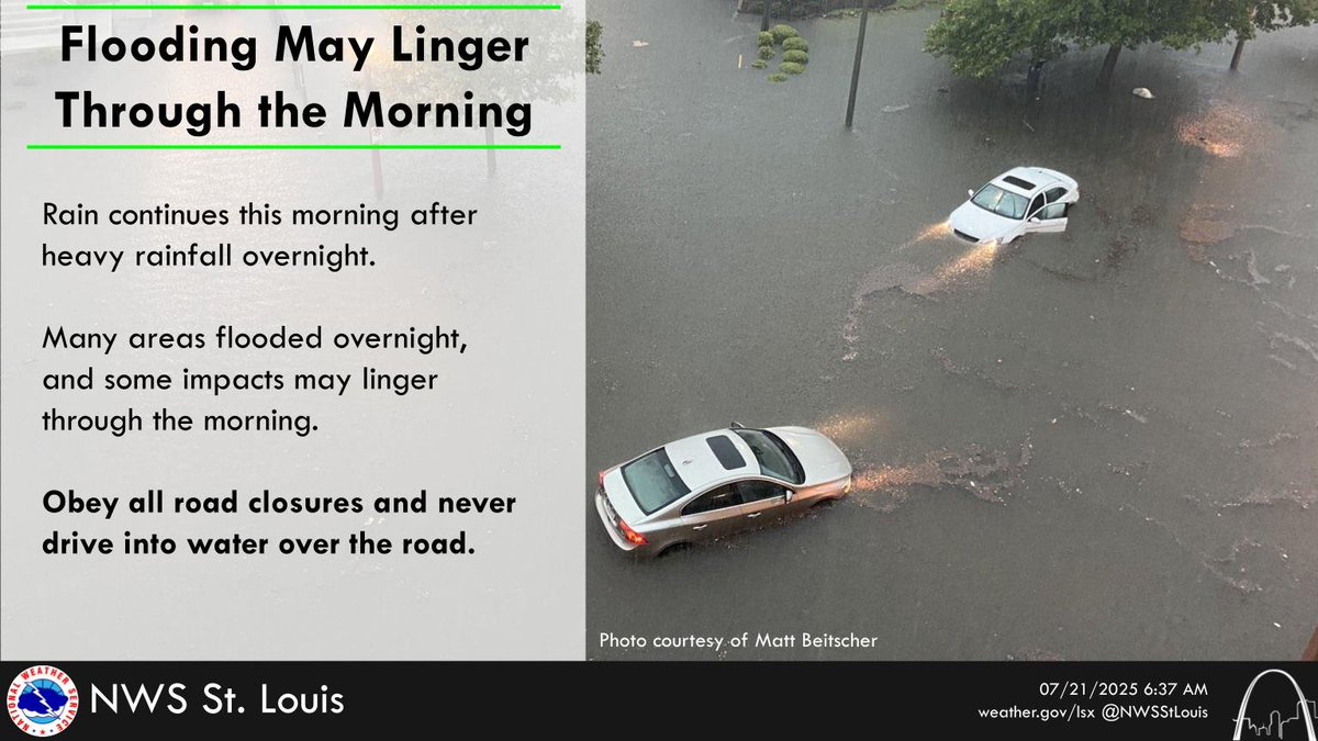 NWSStLouis's tweet image. Rain continues across the area this morning after heavy rainfall from thunderstorms overnight. Many areas flooded, and some impacts may linger through the morning. Obey all road closures and never drive into water over the road. #mowx #ilwx #stlwx #midmowx