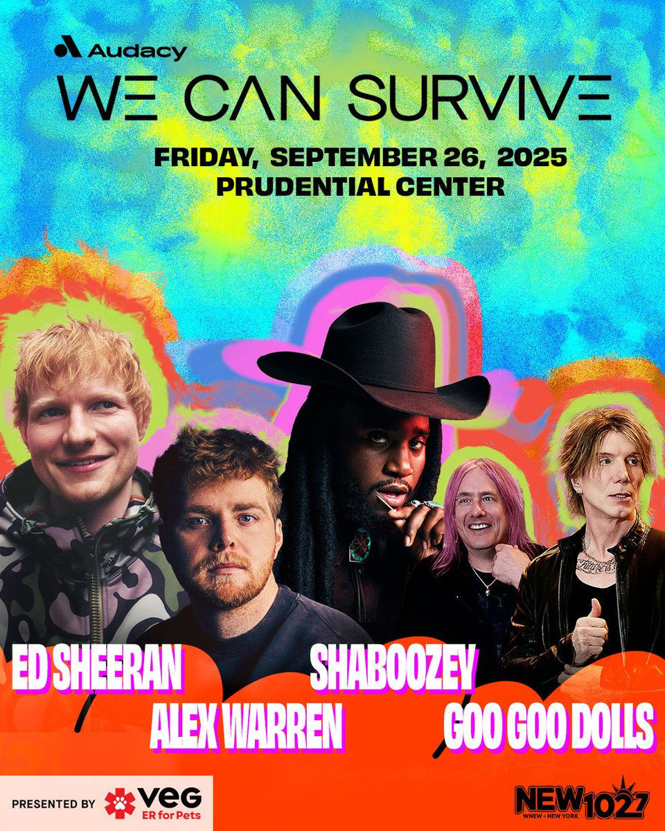 NEW🗽102.7 (@new1027) on Twitter photo ✨ Get ready for <a href="/New1027/">NEW🗽102.7</a> + <a href="/Audacy/">Audacy</a>'s #WeCanSurvive concert, Presented by <a href="/VEGERforpets/">VEG ER for Pets</a>! ✨
🎤 Performances by <a href="/edsheeran/">Ed Sheeran HQ</a>, <a href="/googoodolls/">Goo Goo Dolls</a>, <a href="/alexwaarren/">Alex Warren</a> + <a href="/ShaboozeysJeans/">Shaboozey</a>!
📅 Fri, 9/26
📍 <a href="/PruCenter/">Prudential Center</a>
🎫 Presale: 7/31 @ 10 AM ET / On sale: 8/1 @ 10 AM ET
🔗 auda.cy/WCSTix2025 ✨ Get ready for <a href="/New1027/">NEW🗽102.7</a> + <a href="/Audacy/">Audacy</a>'s #WeCanSurvive concert, Presented by <a href="/VEGERforpets/">VEG ER for Pets</a>! ✨
🎤 Performances by <a href="/edsheeran/">Ed Sheeran HQ</a>, <a href="/googoodolls/">Goo Goo Dolls</a>, <a href="/alexwaarren/">Alex Warren</a> + <a href="/ShaboozeysJeans/">Shaboozey</a>!
📅 Fri, 9/26
📍 <a href="/PruCenter/">Prudential Center</a>
🎫 Presale: 7/31 @ 10 AM ET / On sale: 8/1 @ 10 AM ET
🔗 auda.cy/WCSTix2025