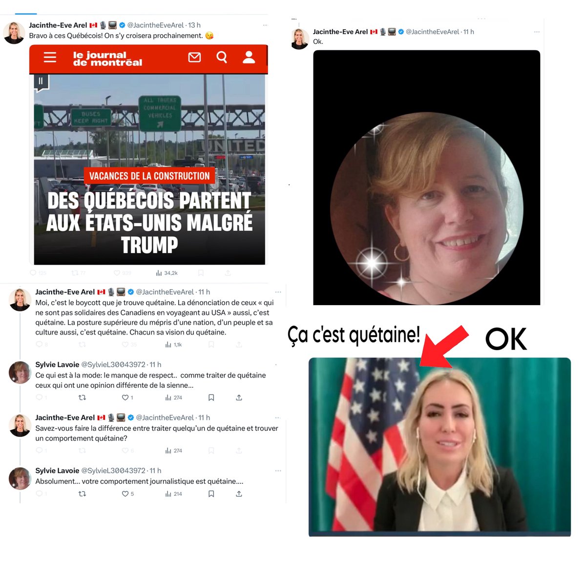 NaniMambo's tweet image. La trumpiste trouve le boycott quétaine, mais se filmer avec un drapeau américain en arrière-plan, c’est chic! Et utiliser la méthode Jo Hamel (publier la photo de son opposant pour s’en moquer), la grande classe!