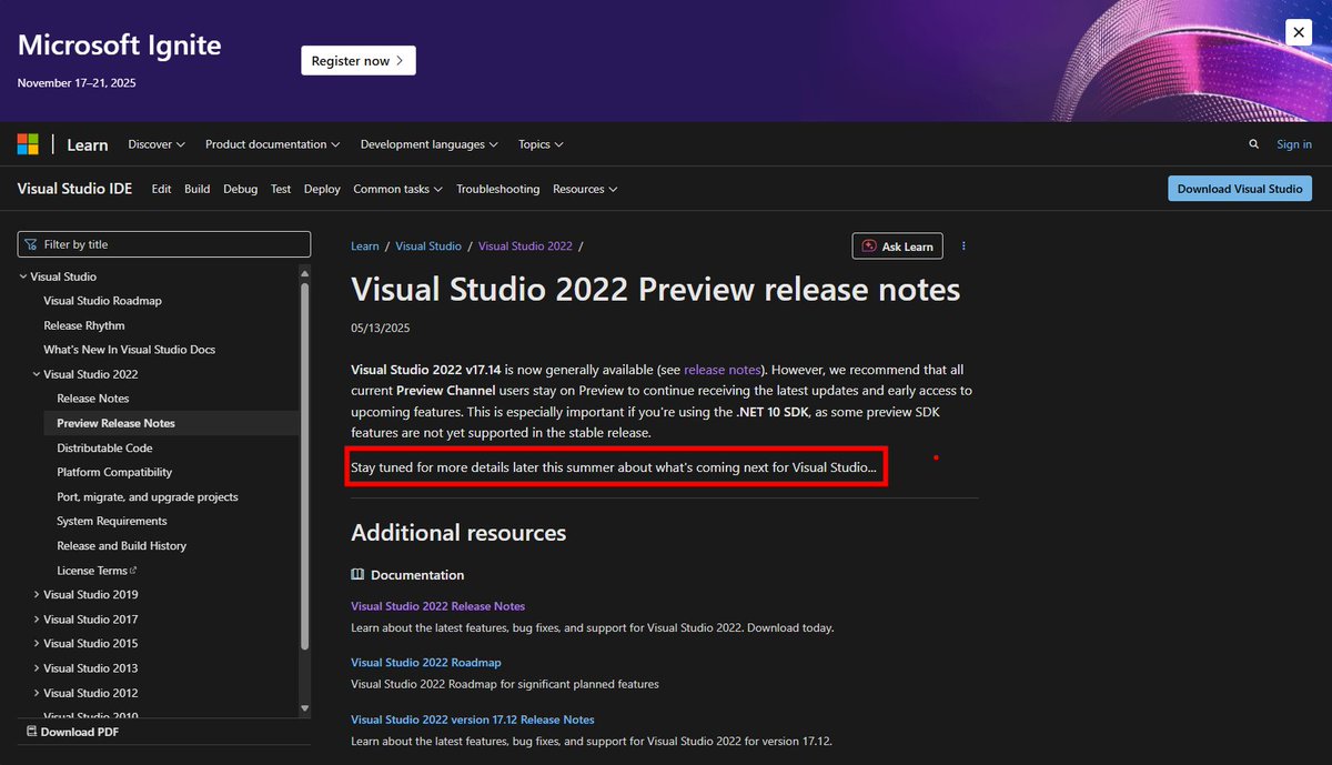 hootanht's tweet image. Is Visual Studio 2025 coming soon?
#visualstudio #developer #csharp

Visual Studio 2022 Preview Release Notes | Microsoft Learn