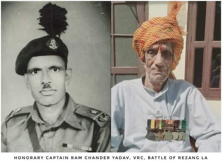 The veteran in the photo is Hony Capt Ram Chander who was the radio operator of Major Shaitan Singh, PVC &amp; in the pic I attached is Hony Capt Ram Chander, VrC, a platoon commander in C Company of 13 Kumaon and was taken as PoW by the Chinese in 1962. He passed away in April 2021.