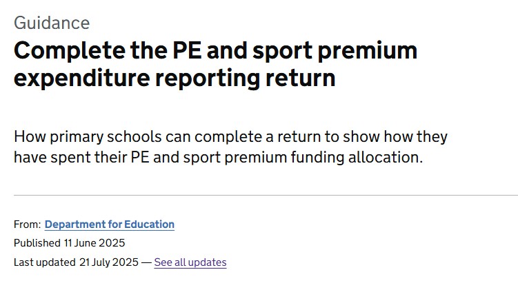 Prof Michael Green FCCT (@michael_s_green) on Twitter photo 📢DfE <a href="/educationgovuk/">Department for Education</a> have issued updated guidance today for primary schools yet to complete the PE / Sports Premium return: gov.uk/guidance/compl…
‼️A reminder that the deadline is 31/7/25
#PE #Primary #PrimarySchools #SportsPremium #SchoolLeaders #Edutwitter #teachersofx 📢DfE <a href="/educationgovuk/">Department for Education</a> have issued updated guidance today for primary schools yet to complete the PE / Sports Premium return: gov.uk/guidance/compl…
‼️A reminder that the deadline is 31/7/25
#PE #Primary #PrimarySchools #SportsPremium #SchoolLeaders #Edutwitter #teachersofx