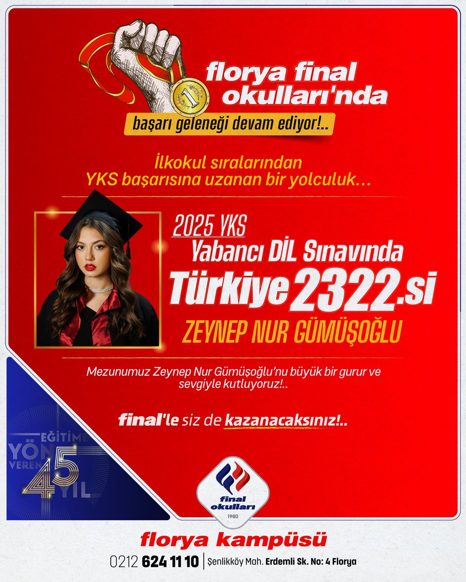 🎉 KUTLUYORUZ!
Zeynep Nur Gümüşoğlu
📚 2025 YKS DİL – Türkiye 2322.si
İlkokuldan bugüne bizimle büyüdü,
şimdi gururla uğurluyoruz! 💫