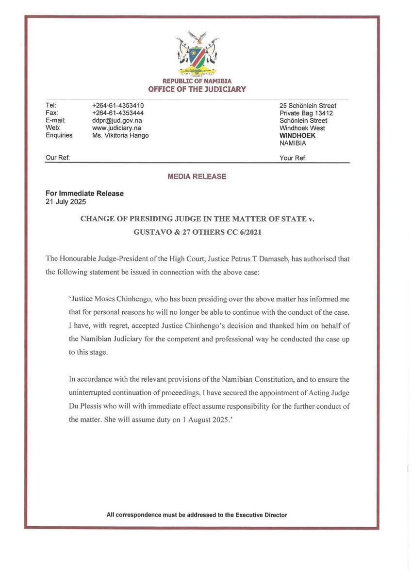 NAMJudiciary's tweet image. MEDIA RELEASE.
CHANGE OF PRESIDING JUDGE IN THE MATTER OF STATE v. GUSTAVO &amp;amp; 27 OTHERS CC 6/2021