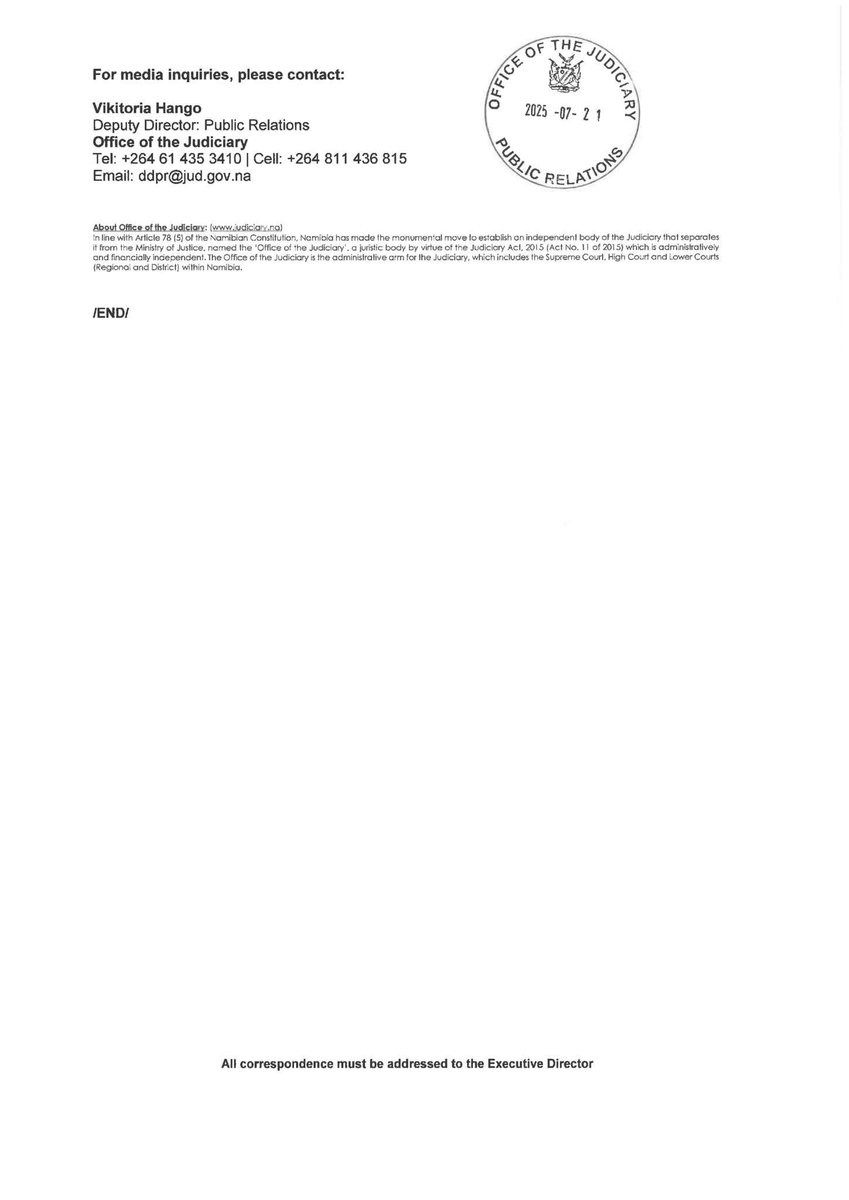 NAMJudiciary's tweet image. MEDIA RELEASE.
CHANGE OF PRESIDING JUDGE IN THE MATTER OF STATE v. GUSTAVO &amp;amp; 27 OTHERS CC 6/2021