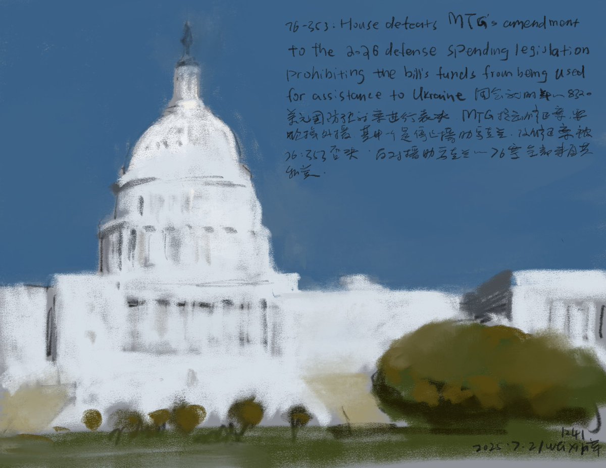 Weixinart's tweet image. (07/21/2025/每天画乌克兰🇺🇦1241幅)前天,国会就明年的8320 亿美元国防预算进行表决。共和党议员泰勒.格林提出修正案,要求砍掉对外援助,其中一项是停止援助乌克兰。修正案最后被 76:353 否决,反对援助乌克兰的76票全部来自共和党。支持乌克兰仍然是美国主流。
@CraigCaplan 76-353: House defeats…