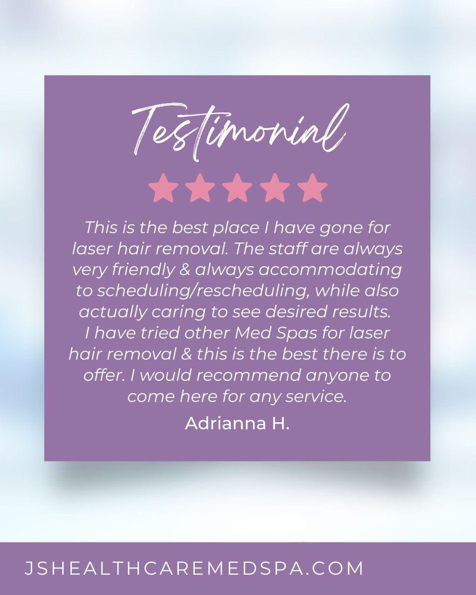 jshealthcaremd's tweet image. Thank you Adrianna for your glowing review ✨ We’re honored to be your top choice for laser hair removal &amp;amp; so grateful for your kind words about our team. We're so glad you've felt supported every step of the way 🫶 

#ThankYou #ClientLove #LaserHairRemoval #MedSpa