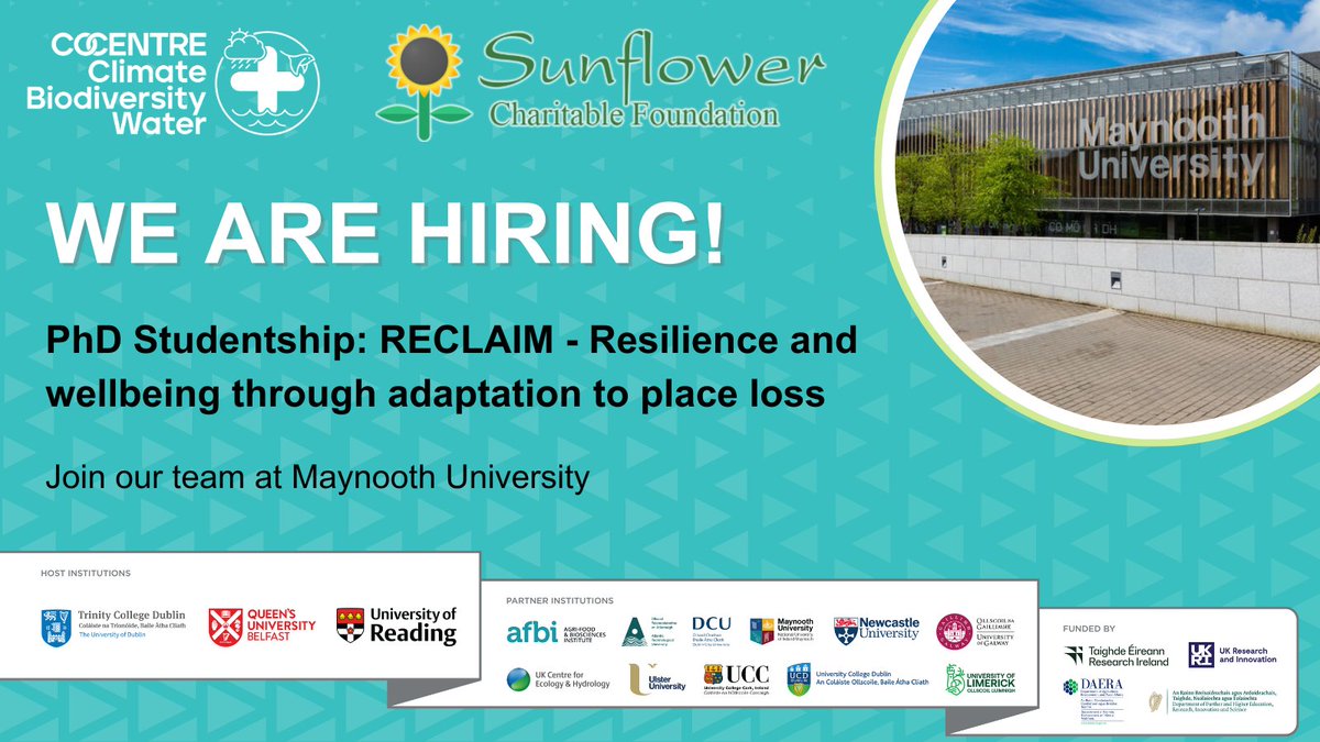 Co-Centre for Climate + Biodiversity + Water (@climatecocentre) on Twitter photo Check out another fully funded PhD with us, this one based <a href="/MaynoothUni/">Maynooth University</a>!
The project focuses on resilience & wellbeing in the face of place loss.
🎓 €25k stipend + fees + research/travel costs
📅 Apply by July 25th
🔗 Info: findaphd.com/phds/program/d… Check out another fully funded PhD with us, this one based <a href="/MaynoothUni/">Maynooth University</a>!
The project focuses on resilience & wellbeing in the face of place loss.
🎓 €25k stipend + fees + research/travel costs
📅 Apply by July 25th
🔗 Info: findaphd.com/phds/program/d…