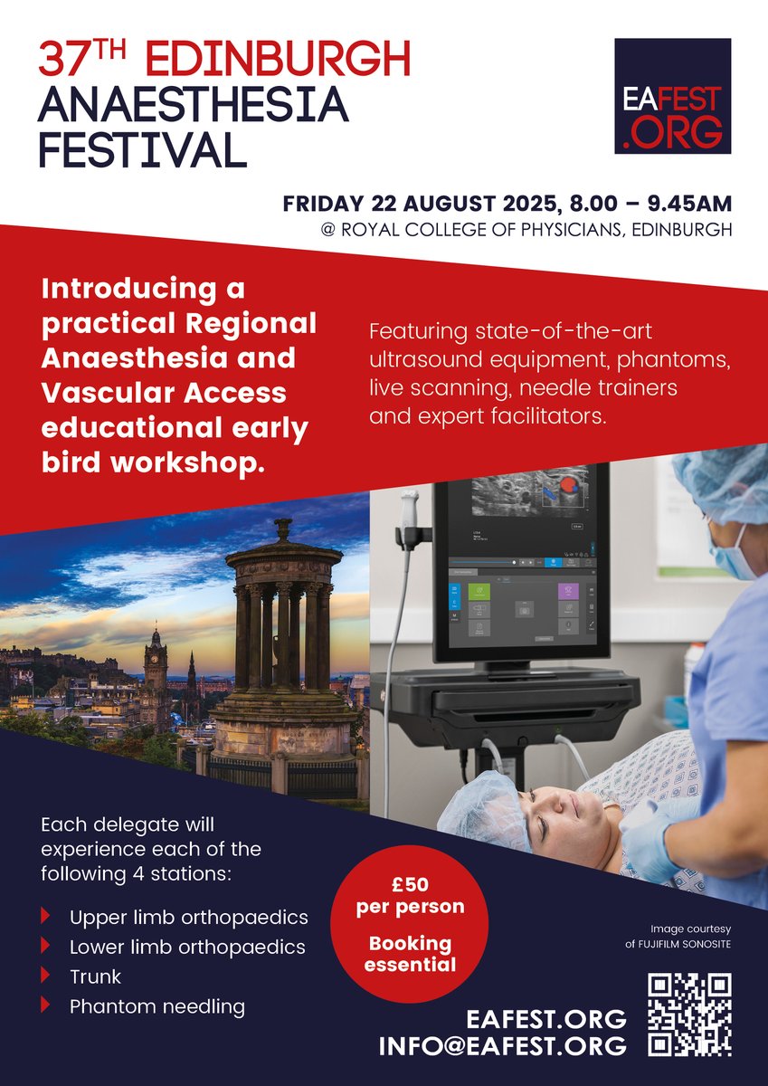 EAFestival's tweet image. Only a few spaces left, dont miss out ...HANDS ON PRACTICAL REGIONAL ANAESTHESIA WORKSHOP, Friday 22/08 @RCPEdin, £50. Limited places are available to maximise hands on experience.
Each person will have the opportunity to experience ALL of 4 stations:
1. Upper limb…