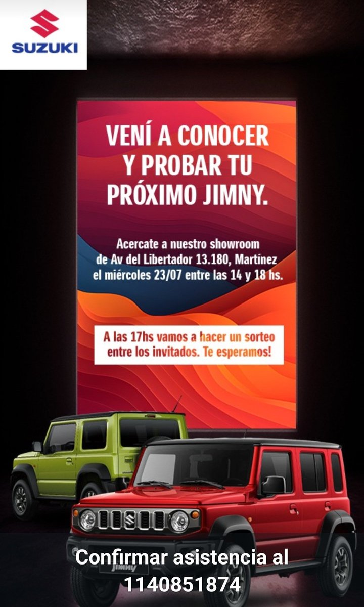 🚘 Después de un focus group con una decena de clientes en Arawak, #Inchcape hace movida abierta para que los interesados del Nuevo #SuzukiJimny puedan probarlo en Martínez desde su concesionaria d Avda. del Libertador 13180. Este miércoles d 14 a 18 hs. Habrá un sorteo sorpresa!