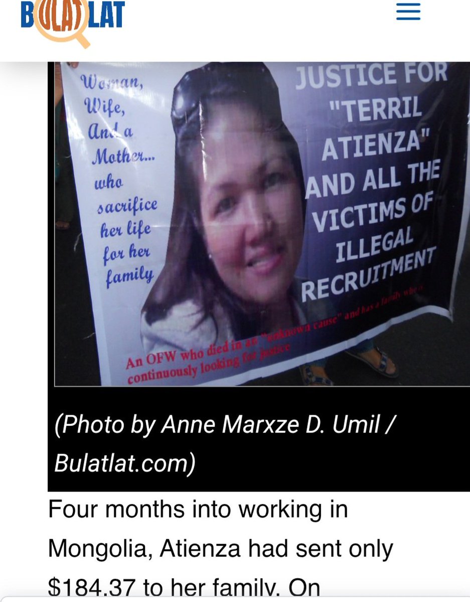 Эрэл Эрдэнэбатынд ажиллаж байсан Филиппин үйлчлэгч бүсгүй гадны нөлөөтэй нас барсан хэрэг хэдэн жилийн өмнө дарагдаад өнгөрсөн. Хөөрхий ар гэрийнхэн нь тэндээ үхлийн шалтгааныг тодруул гэж уриа лоозон барьж зогссон мэдээ гарсан бсн. Ар гэртээ 187$ л явуулаад алуулсан юм гэсэн😰