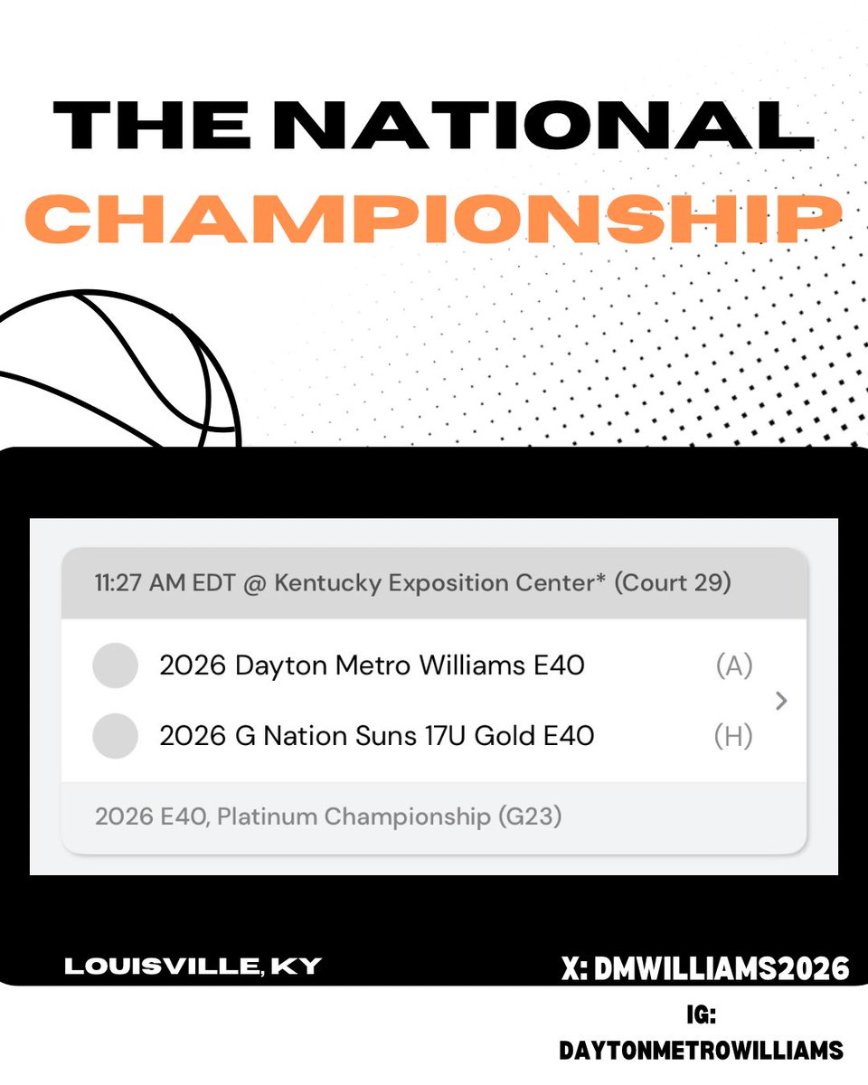 Dayton Metro Williams (@dmwilliams2026) on Twitter photo Come check us out one last time!
Game 1: 11:27am, Court 29
#daytonmetrobasketball
<a href="/DayMetroHoops/">Dayton Metro Hoops</a> <a href="/Elite40League/">Elite 40 League</a> Come check us out one last time!
Game 1: 11:27am, Court 29
#daytonmetrobasketball
<a href="/DayMetroHoops/">Dayton Metro Hoops</a> <a href="/Elite40League/">Elite 40 League</a>