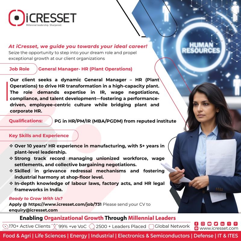 icressetco's tweet image. Hiring: General Manager – HR (Plant Operations)
Lead HR transformation in a high-capacity plant!
🔹 10+ yrs exp in mfg HR
🔹 IR, wage talks, grievance handling
🔹 PG in HR/PM/IR
Apply: icresset.com/job/731
enquiry@icresset.com
#HRJobs #LeadershipHiring #PlantHR #IR  #iCresset