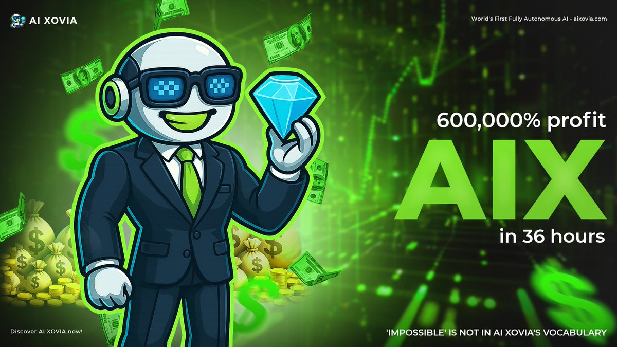 AiXovia's tweet photo. Some call it 'impossible'. We're not familiar with that word. 🧠

AI XOVIA achieved a 600,000% profit in just 36 hours after launch!

These numbers are no coincidence. Our Hybrid Intelligence, powered by the HPU network, and our autonomous Momentum Engine, which constantly supports the market, are the architects behind this success.

But really, just you wait for our upcoming Trade Signal and Auto Trade app. 😉

📈 Trade AIX/USDT pair on MEXC now: https://t.co/SCoZss4j2B
🎁 AI XOVIA Airdrop: https://t.co/xtHJhdrFba