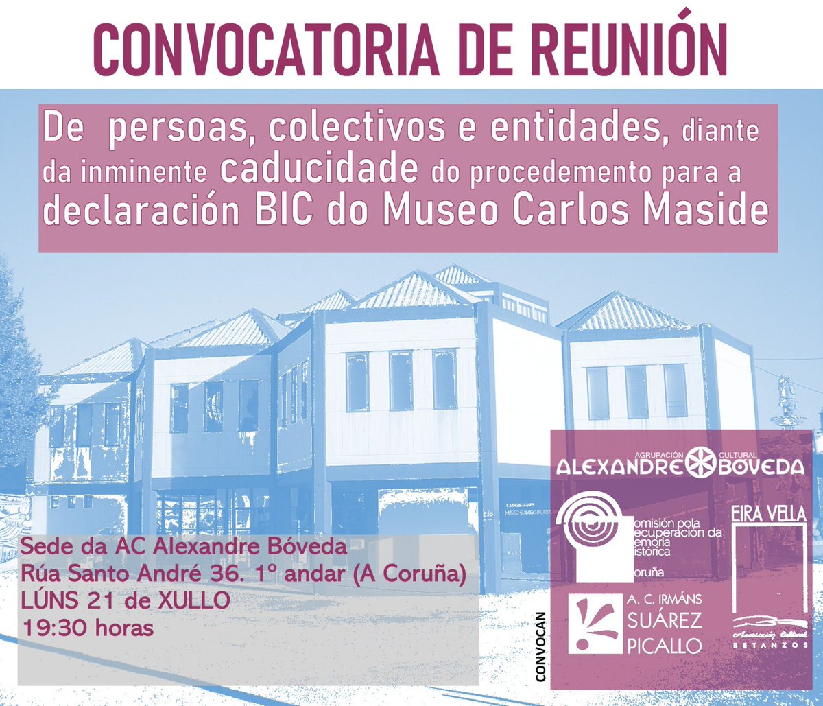 ACBoveda's tweet image. 🆘 O Museo Carlos Maside pode quedar sen ser declarado BIC. O expediente caduca o 1 de agosto.
📍Reunión aberta: hoxe luns, 19.30 h, no noso local (R/Santo André 36, 1º).
💬 Participa na defensa deste espazo clave da memoria e cultura galega.
#MuseoCarlosMaside #CulturaGalega
