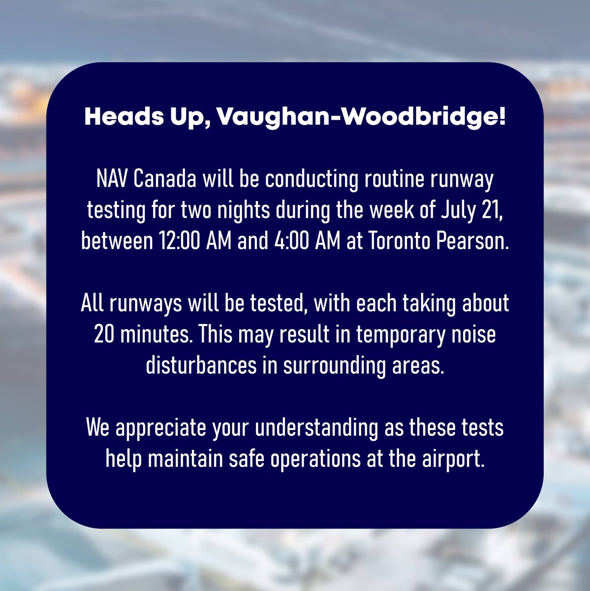 MikeGuglielmin's tweet image. Heads up, Vaughan–Woodbridge!
Toronto Pearson will be testing all runways late at night this week. You might hear some extra noise — thanks for your patience! #YYZ #VaughanWoodbridge