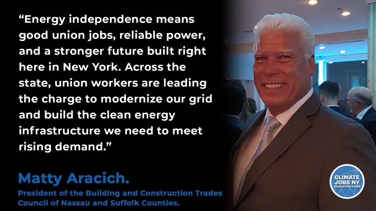 ClimateJobsNY's tweet image. Matty, President of the Nassau Suffolk Building Trades, knows energy independence means more than power.
It means union jobs, reliable infrastructure, and a future built right here in New York by skilled union workers. #UnionStrong #PoweringOurFuture
#EnergyIndependenceMonth