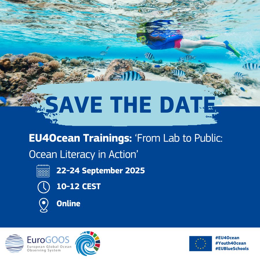 🌊 Scientists, ready to make waves in #oceanliteracy?

Join <a href="/EuroGOOS/">EuroGOOS</a> online training "From Lab to Public: Ocean Literacy in Action" 🔬

📅 22–24 Sept 2025
🕙 10:00–12:00 CEST

Info and registrations 👉shorturl.at/P1FRg #EU4Ocean #OceanLiteracy