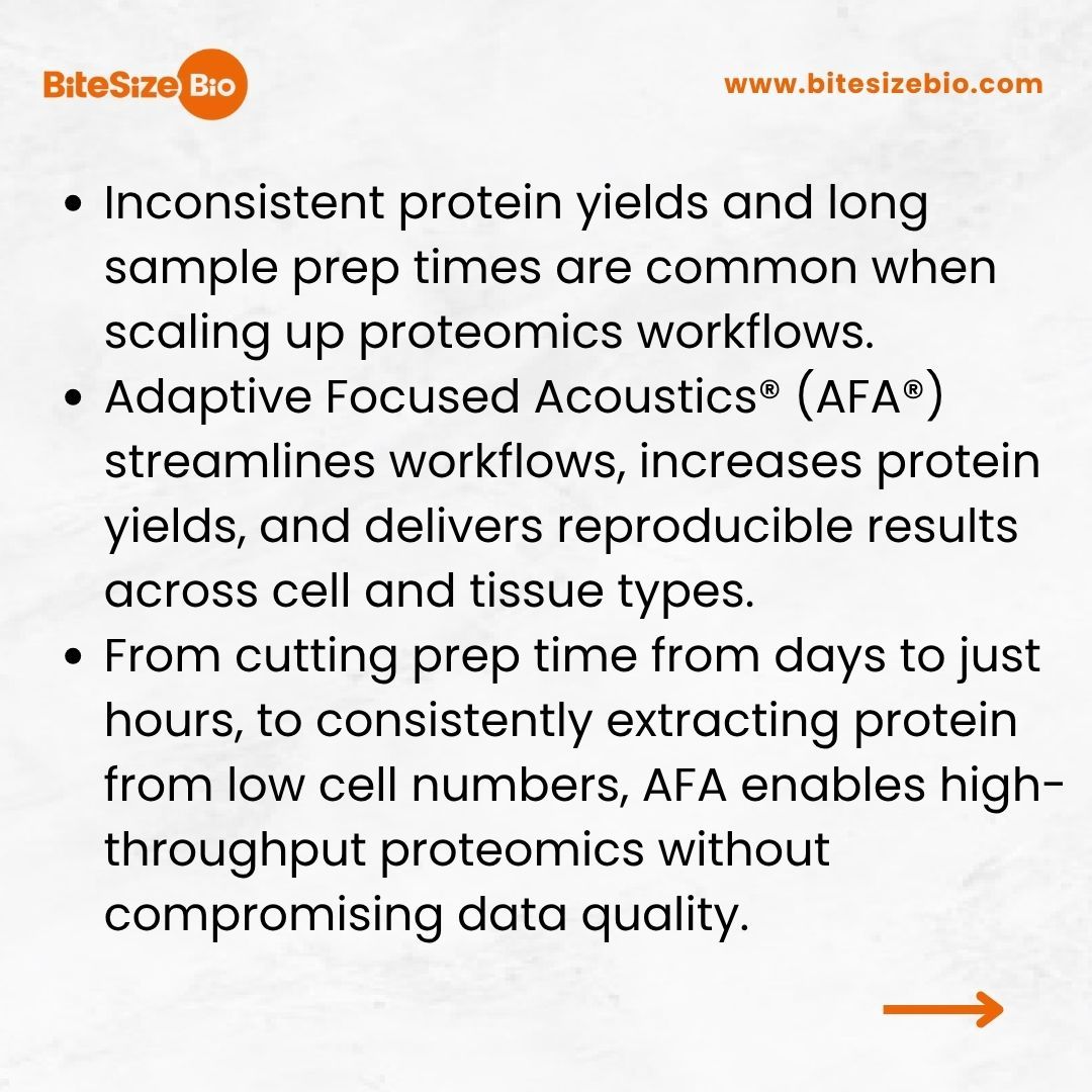 BitesizeBio's tweet image. Protein prep slowing your proteomics down? AFA® from @Covaris gives you faster workflows, higher protein yields, and reproducible results—even with FFPE blocks or low cell counts. Learn how AFA provides scalable proteomics. Read the article now → buff.ly/rSSrkdG