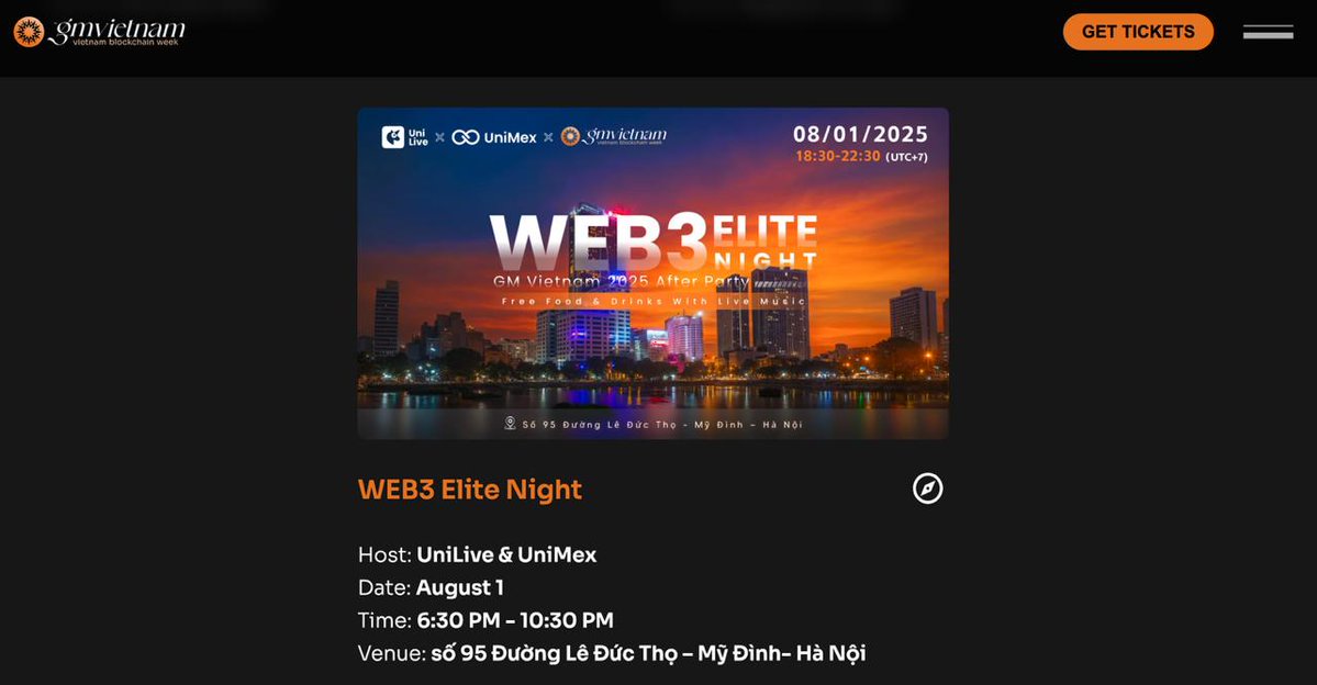 UniLive_Web3's tweet image. 🌟 Join us for the UniLive x GM Vietnam 2025 Official After Party!
💥 The WEB3 Elite Night! Let's Rock!
📍 Date & Time: August 1, 18:30–22:30 (GMT+7)
📍 Location: 95 Đ. Lê Đức Thọ, opposite the stadium, Nam Từ Liêm, Hanoi
🤝 Co-Hosted by: UniLive × GM Vietnam
🎫 Limited to 200…