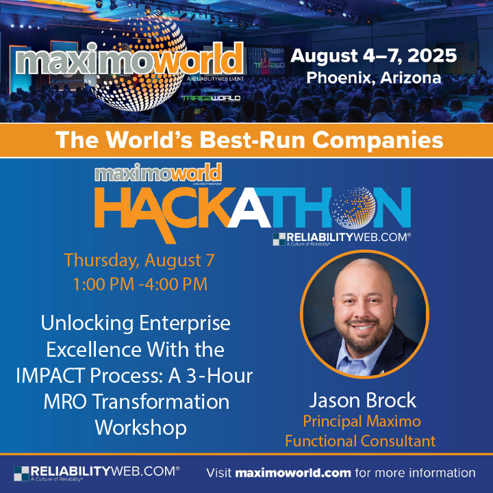JBrockMaximo's tweet photo. You Maximo can do more for you 💹. Way more 📊.  So why isn't it? 🙄

Come to the IMPACT Process workshop and you'll leave with practical tools and a clear plan to solve your toughest maintenance challenges 💡.

This isn’t theory, it’s real, its actionable, and its proven.

👉 Register now: https://t.co/RjTaOZk1BP

#Maximo #MRO #MaintenanceManagement #AssetReliability #OperationalExcellence