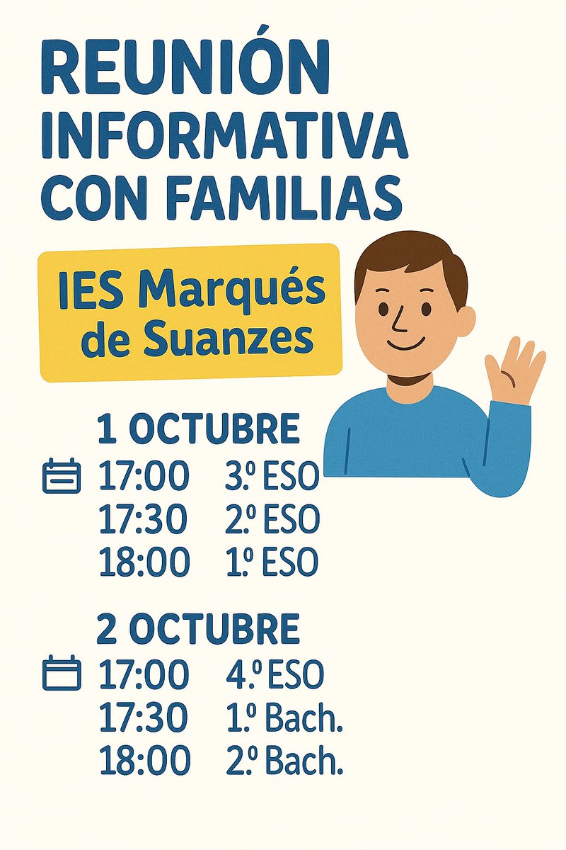 El IES Marqués de Suanzes celebrará las reuniones informativas con padres, madres y tutores legales con motivo del inicio del curso escolar 2025/26 durante los días 1 y 2 de octubre.