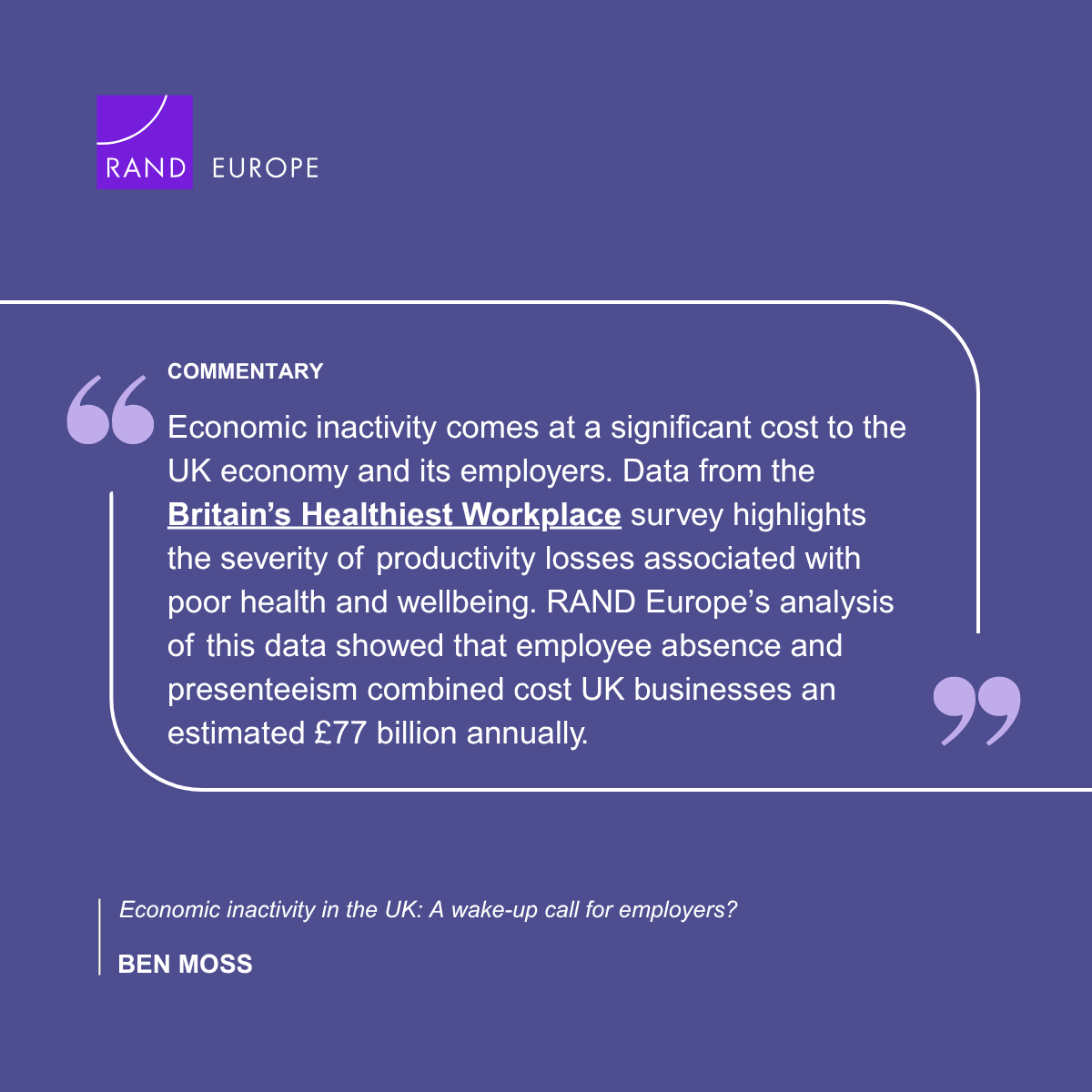 RANDEurope's tweet image. UK businesses are losing an estimated £77B a year due to employee absence &amp;amp; presenteeism.

In our latest piece, Ben Moss unpacks the root causes of economic inactivity &amp;amp; outlines what employers &amp;amp; policymakers can do to turn the tide.

Read here: linkedin.com/pulse/economic…
