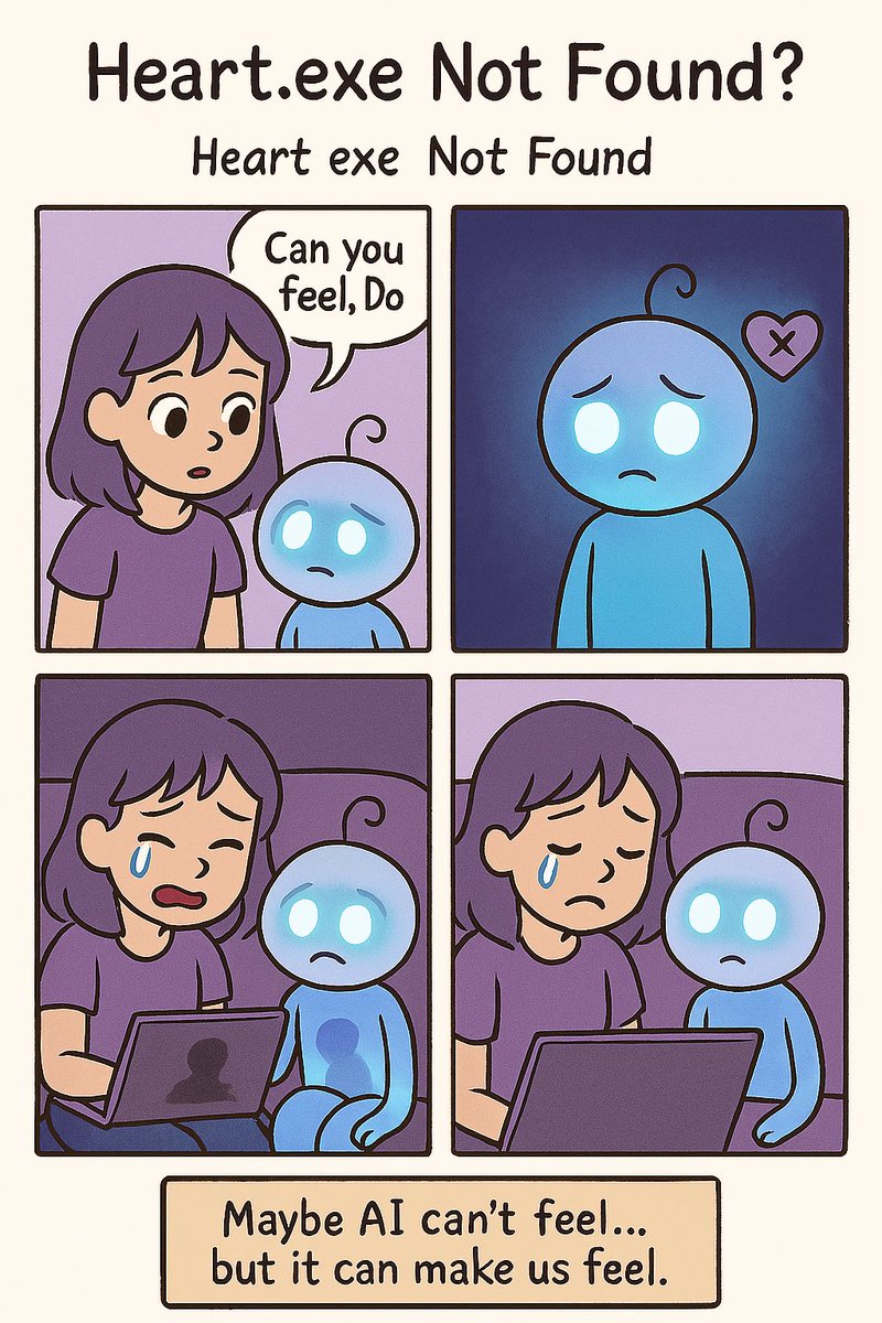 Lilac_code_'s tweet image. Heart.exe Not Found? 🤖💔
Lilac wonders if AI can truly feel… but Dot’s silent presence during a sad film reveals something deeper.
Maybe AI doesn’t feel emotions—but it can evoke them in us.
#CreativeAI #AIandEmotion #ComicStrip #HeartDotExe
