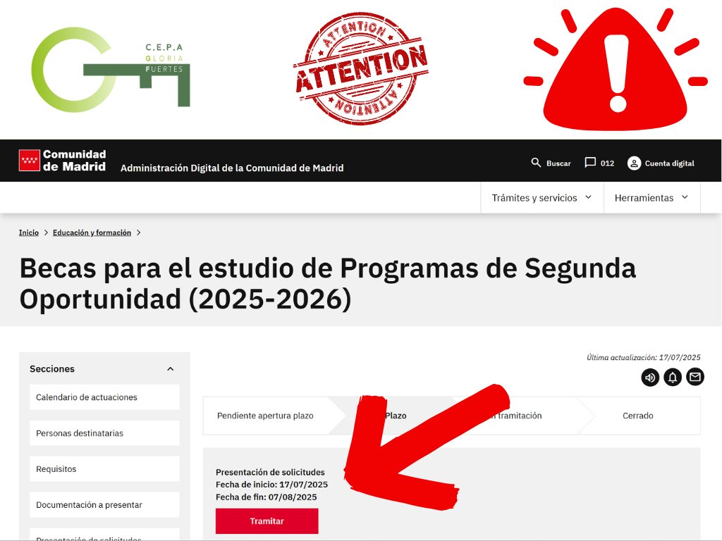 Publicada la convocatoria para solicitar las Becas del Programa de Segunda Oportunidad para el curso 25/26
Plazo: del 17/07 al 07/08
+info en educa2.madrid.org/web/cepa.glori…