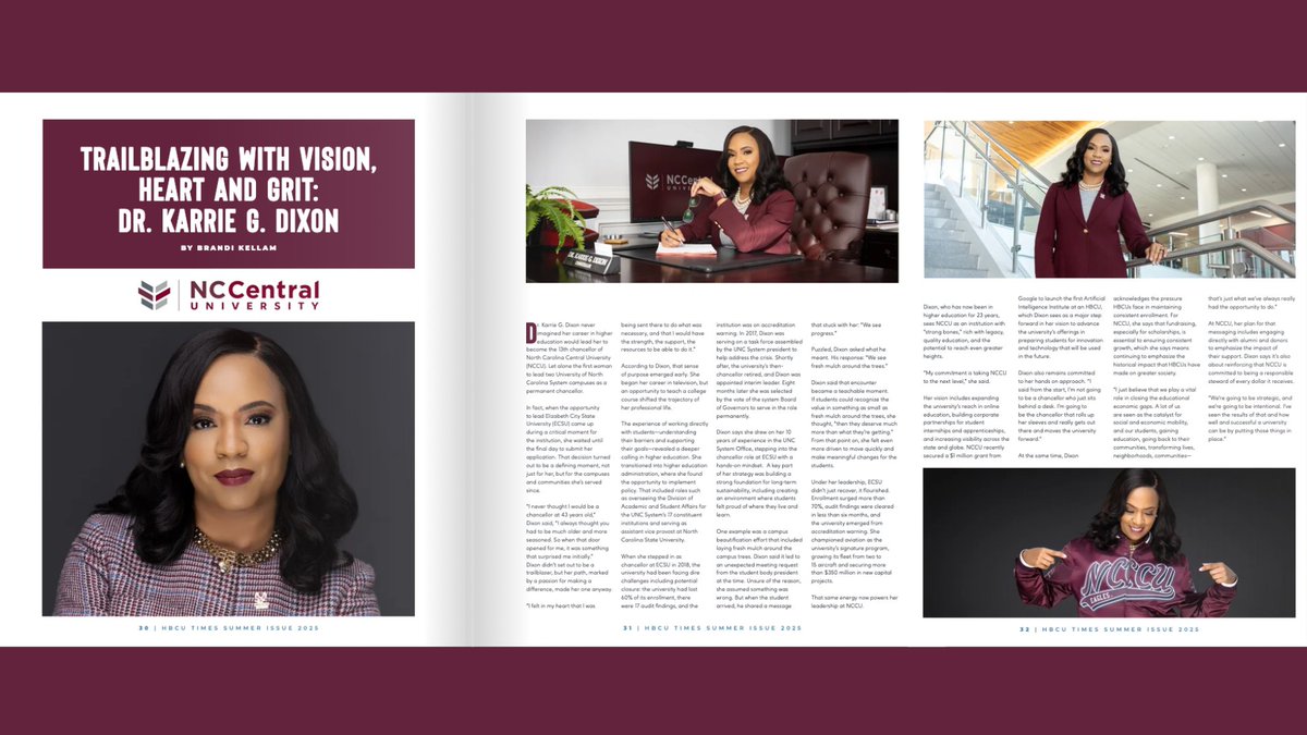 I’m honored to be featured in the HBCU Times Summer 2025 issue as we advance NCCU’s 2025–2030 Strategic Plan — driving student success and preparing future leaders.

Read more: tinyurl.com/NCCUHBCUTimesK…

#WeAreNCCU #EagleInChief13 #NCCUSP #WherePurposeTakesFlight