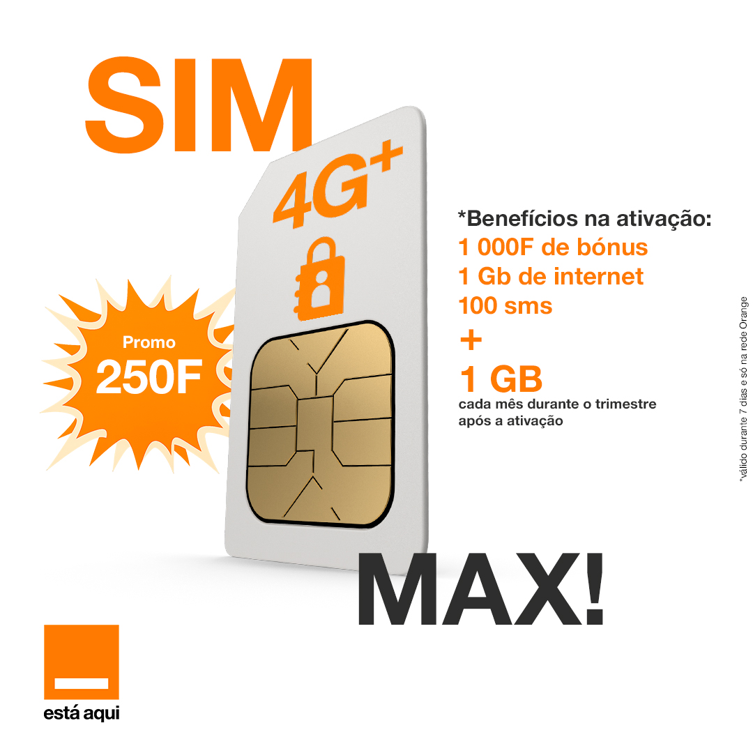 🔥 Nova SIM MAX por só 250F!
Ativa e ganha:
1 000F de bónus
1 GB de internet
100 SMS
📅 E ainda: 1 GB/mês durante 3 meses!
Só na rede Orange. Válido 7 dias.
👉 Corre já para o ponto Orange!
#SIMMAX #OrangeBissau #Promo