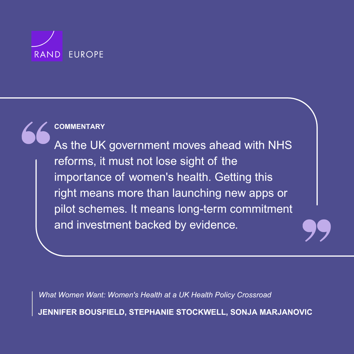 RANDEurope's tweet image. Women’s Health Hubs showed promise, but UK progress on women’s health may be stalling. In this commentary, Jennifer Bousfield, Stephanie Stockwell &amp;amp; Sonja Marjanovic stress the need for sustainable funding, stronger collaboration &amp;amp; inclusive innovation.

Read here:…