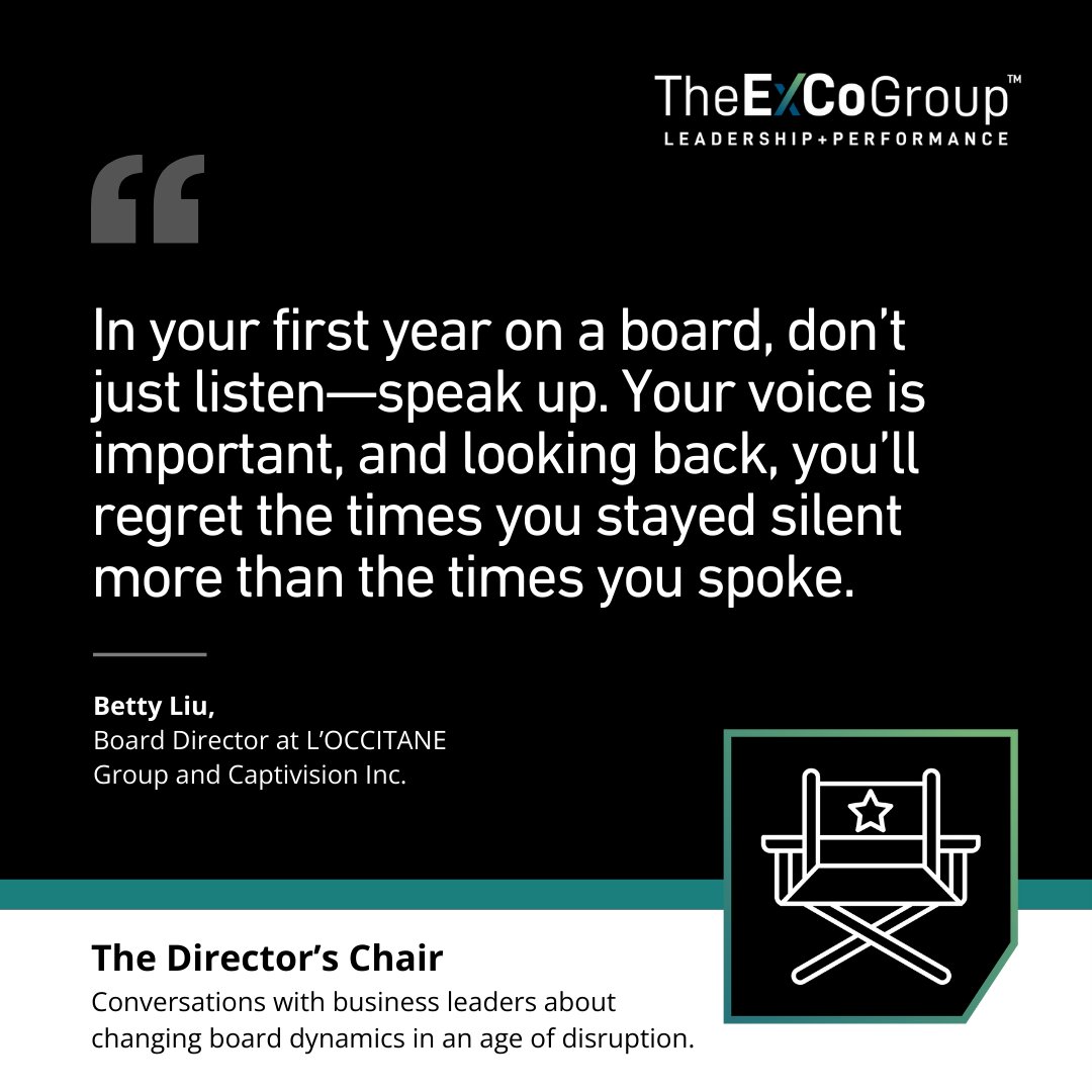New to a board? Your voice matters.   

Learn more from <a href="/BettyWLiu/">Betty Liu</a>, board director <a href="/loccitaneusa/">L'OCCITANE US</a>, in her interview with <a href="/ExCoLeadership/">The ExCo Group</a>. 

🔗 hubs.la/Q037png70 

#BoardLeadership #SpeakUp #LeadershipAdvice
