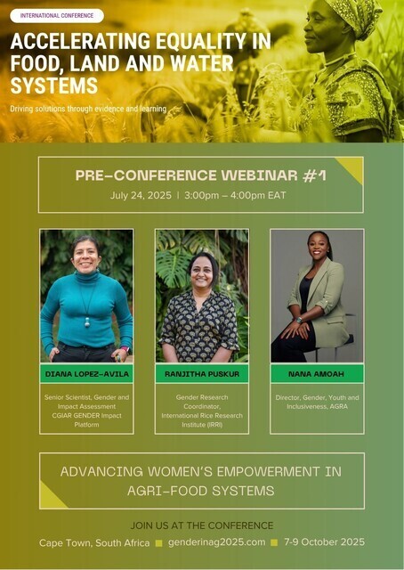 CGIARgender's tweet image. Coming up this week 🔇 🗓️ 
Webinar Series: Accelerating Equality in Food, Land and Water Systems

On the road to Cape Town for #AccelerateEqualityinAg conference, join us in this  webinar &apos;Advancing women&apos;s empowerment in agri-food systems&apos;: bit.ly/46gmqG7 @CGIAR