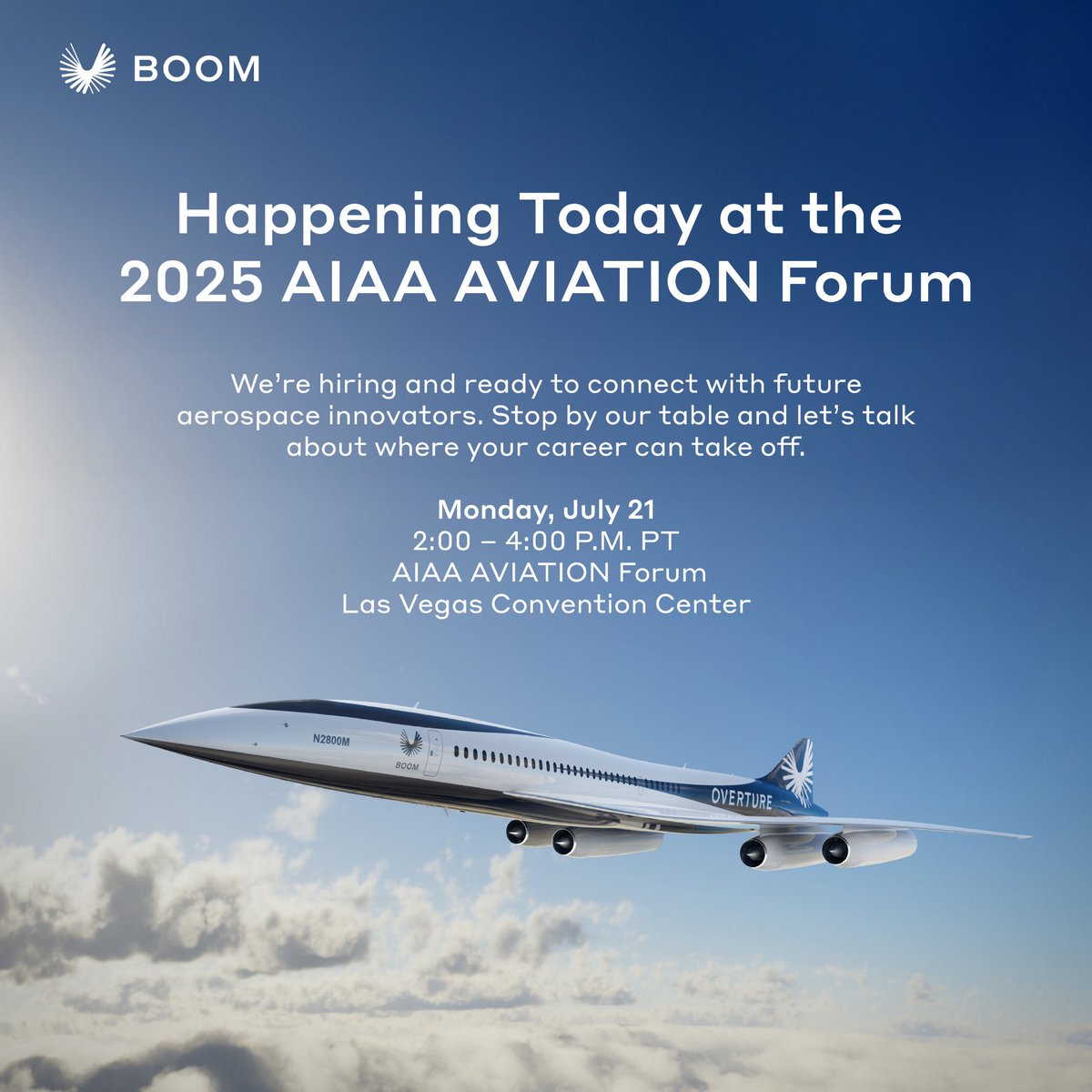 boomaero's tweet image. 📣 Today at the 2025 @AIAA AVIATION Forum!
Come meet Boom team members Claire Nilan, Flight Dynamics Engineer, and David Lazzara, Staff Scientist, Applied Aerodynamics, at Meet the Employers.
We’re hiring and ready to connect with future aerospace innovators. Stop by our table…