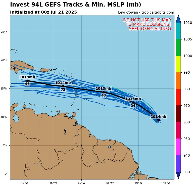 WeatherWatchPR's tweet image. Lunes 21 de julio, 8 AM…
🔷Sin mucho cambio la onda tropical y área de baja presión (Invest 94L) a 700 millas al este de las Antillas Menores (gráfica 1 y 2).🔷
✔️Las condiciones ambientales no son muy favorables y cualquier desarrollo de este sistema será lento mientras se…