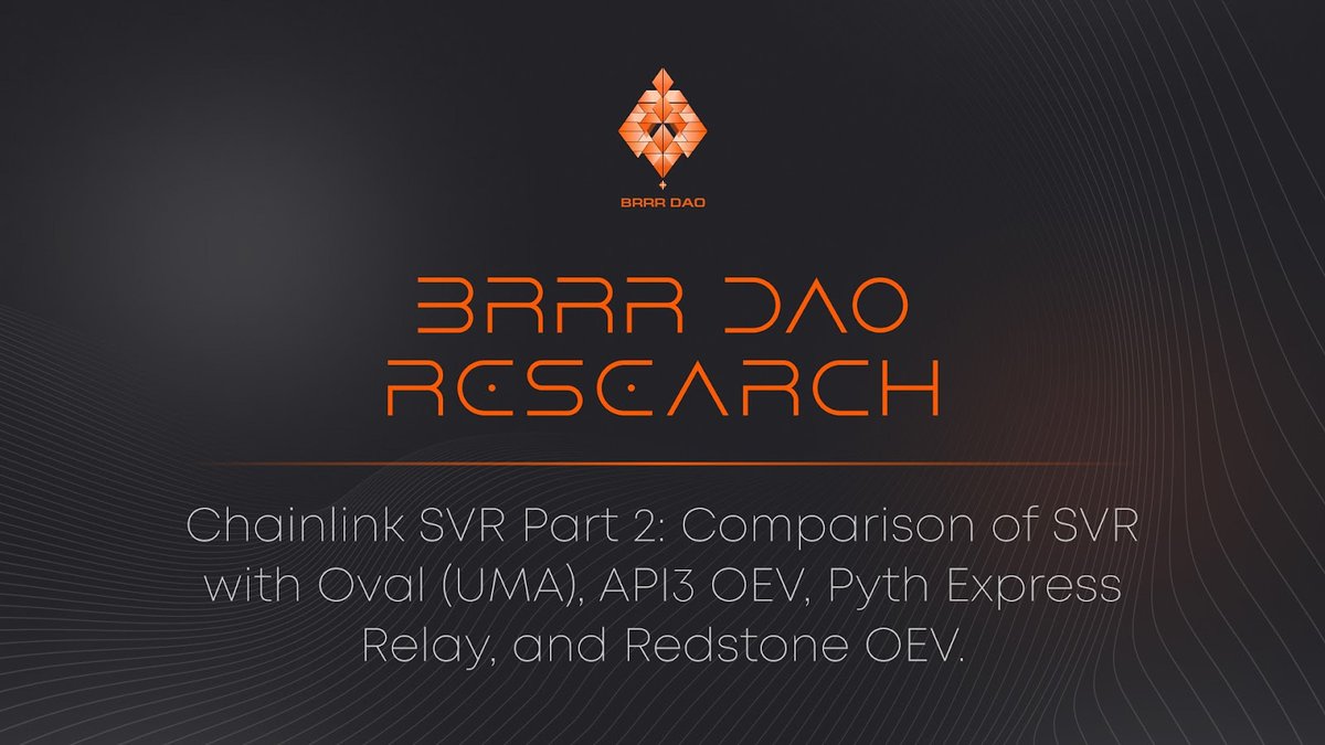 BRRRDAOxyz's tweet image. Want more detailed information about OEV? Dive into the BRRRR DAO Substack!
You can read the full second part with a detailed comparison of different OEV protocols (by @UMAprotocol, @chainlink, @PythNetwork, @redstone_defi, @Api3DAO) in our Substack: brrrdao.substack.com/p/part-2-compa……