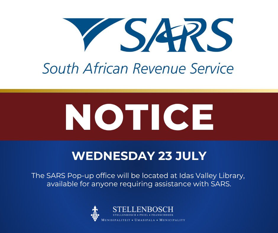 StellMun's tweet image. Need help with your tax or have SARS queries?
SARS will be visiting Ida’s Valley Library this Wednesday, 23 July.
Pop in for assistance and get the help you need!