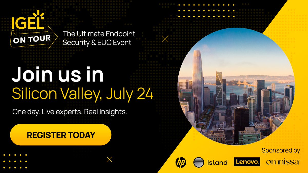 IGEL_Technology's tweet image. THIS WEEK! Join us for an action-packed, one-day event in Silicon Valley, California, designed for IT leaders, architects, and endpoint pros who want to stay ahead of the curve. 🙌🏻 IGEL on Tour brings you face-to-face with IGEL experts, top industry sponsors, and a curated agenda…