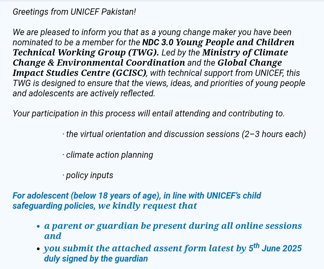 Honored to be nominated to Pakistan’s National Climate Policy Table as part of the NDC 3.0 Youth TWG, led by <a href="/ClimateChange_e/">Carbon Credit Coin Blockchain Token Information</a> &amp; <a href="/UNICEF_Pakistan/">UNICEF Pakistan</a> Grateful to bring young voices from earthwarriorz.org into national climate action. 🌍💚 
#NDC3 #YouthLeadership #ClimateJustice