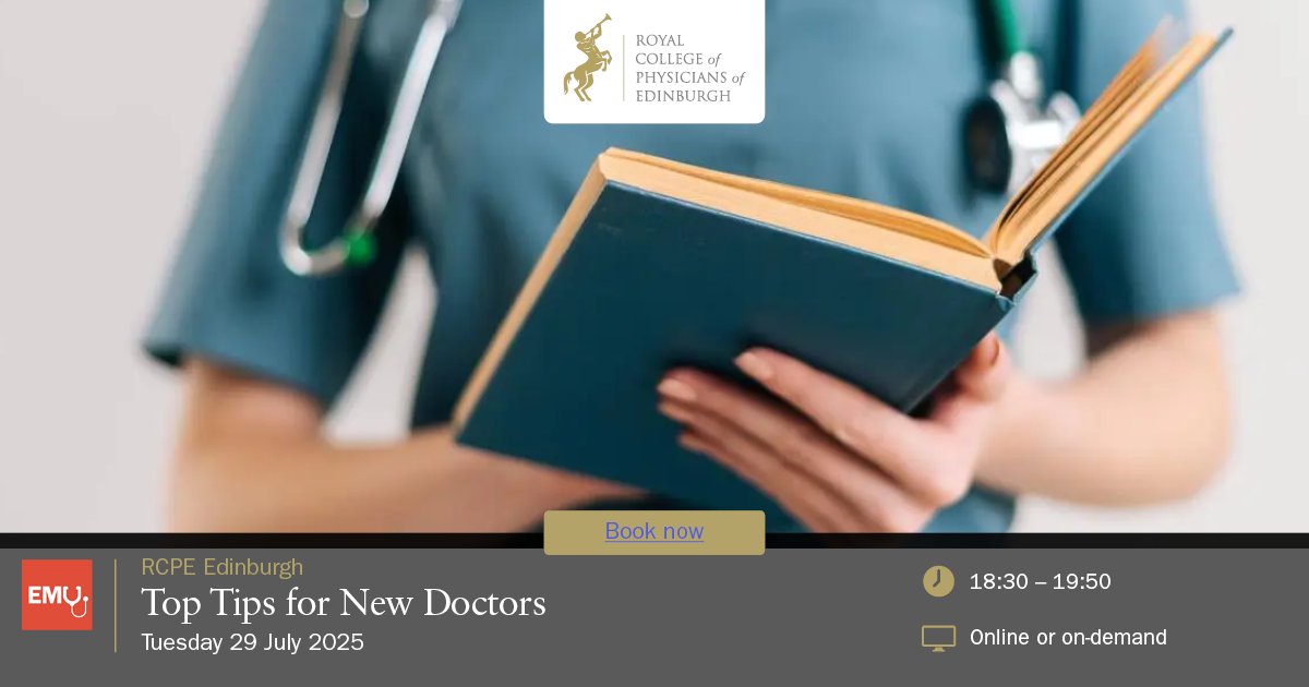 RCPEdin's tweet image. At our "Top Tips for New Doctors" EMU on 29 July talks include:
➡️Surviving your first week as an FY1
➡️Mastering your ePortfolio
➡️The deteriorating patient
➡️What I wish I knew as an FY1
Register for free here: rcpe.ac.uk/events/top-tip… #rcpeEMU