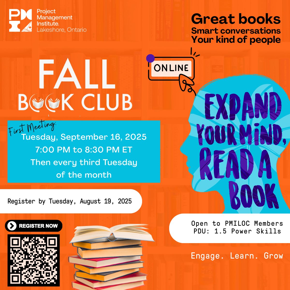 PMI Lakeshore ON, CA (@pmilakeshoresm) on Twitter photo 📚 PMILOC Fall Book Club
Starts Tues, Sept 16, 2025
Virtual | Free | Members Only
Register by Aug 19: shorturl.at/gDRed
Help pick the books from a curated list!
mentoring@pmiloc.org/magda.vogel@pmiloc.org for questions
#PMILOC #BookClub #FallReads2025 📚 PMILOC Fall Book Club
Starts Tues, Sept 16, 2025
Virtual | Free | Members Only
Register by Aug 19: shorturl.at/gDRed
Help pick the books from a curated list!
mentoring@pmiloc.org/magda.vogel@pmiloc.org for questions
#PMILOC #BookClub #FallReads2025
