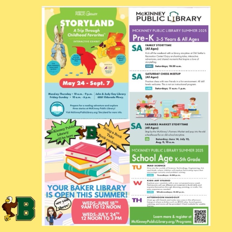 Are you ready for another fun Baker Summer Library Day?  Join us and the McKinney Public Library next Thursday, July 24th from Noon to 3pm for books, fun and steam activities!  See you there!  #BakerBetterTogether