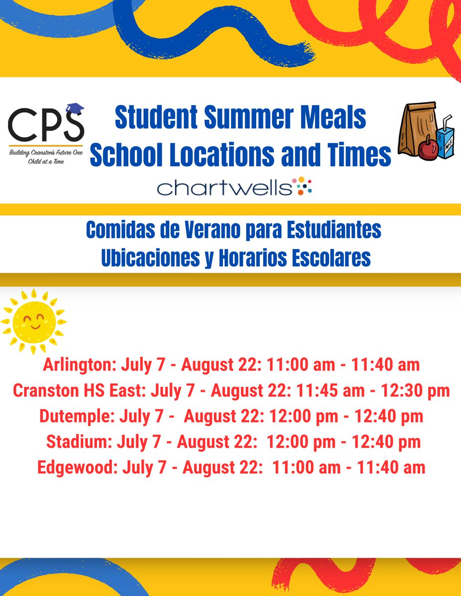 ☀️🥪Our summer meals program begins 7/7 through 8/22. 
Comidas de Verano para Estudiantes Ubicaciones y Horarios Escolares:
Arlington:  11:00 am - 11:40 am 
CHSE: 11:45 am - 12:30 pm 
Dutemple: 12:00 pm - 12:40 pm 
Stadium: 12:00 pm - 12:40 pm
Edgewood: 11:00 am - 11:40 am