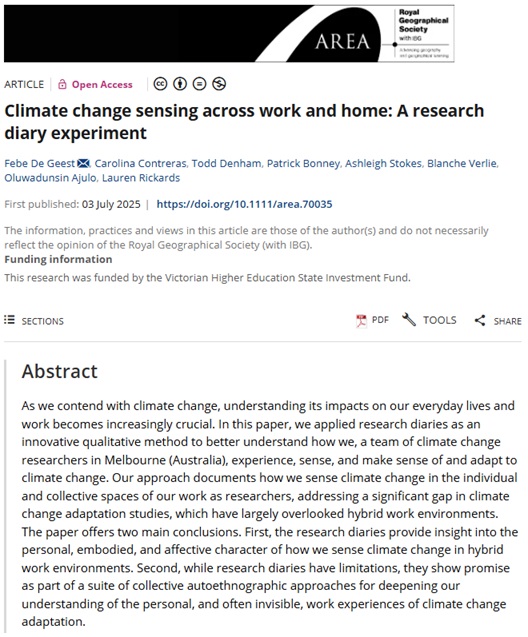 RGS_IBGhe's tweet image. 🔊New paper published in Area by @FebeGeest (@UniMelb) et al. 🔊
'Climate change sensing across work and home: A research diary experiment' #OpenAccess
doi.org/10.1111/area.7…